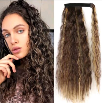Extensiones de cabello sintético largo y liso con clip, Cola de caballo